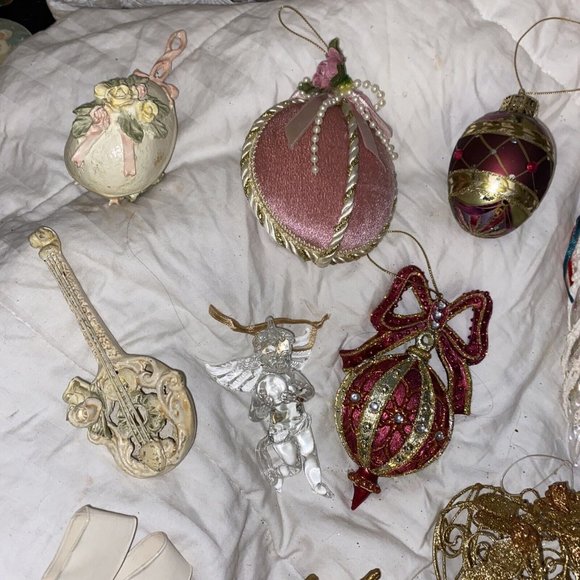 Victorian vintage ornaments heart lace gold pink Glass Flower Cherubs papermache - Picture 13 of 16